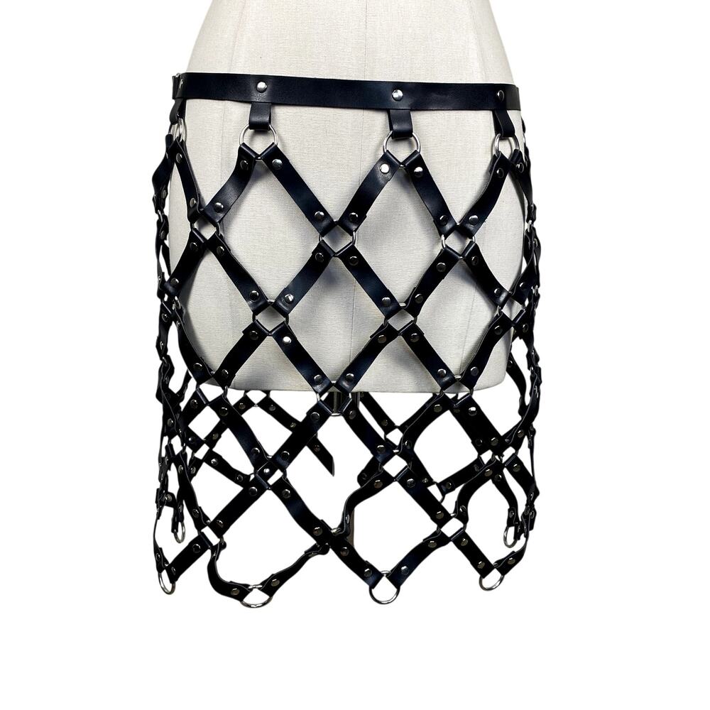 Leather O Ring Bondage Fetish Harness Goth Emo Grunge Skirt Nu Metal Sz L